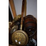 A set of kitchen scales with brass pans; a brass jam pan; a small wooden barrel; others,