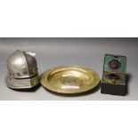 A Victorian travelling inkwell; a Medieval helmet desk weight;