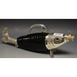 A novelty 19th Century style silver plated fish shaped decanter, glass eyes,