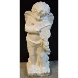 Garden ornament - a reconstituted stone cherub playing the violin,