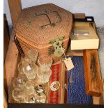 A Chinese export ware Cantonese Famille Vert tea pot and pair of tea bowls in wicker case with