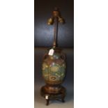 A late 19th Japanese cloinsonne twin handled urn table lamp, decorated with flowers,