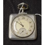 A silver coloured metal square pocket watch, Arabic numerals,