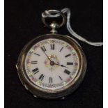 A Victorian silver openface pocketwatch, floral dial, Roman numerals, key wind movement,