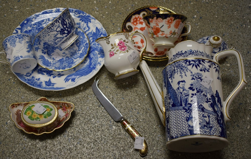 Royal Crown Derby - a Mikado coffee pot, cup and saucer; a Blue Aves 22cm plate,