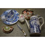 Royal Crown Derby - a Mikado coffee pot, cup and saucer; a Blue Aves 22cm plate,