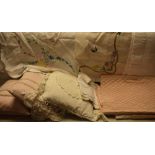 Textiles - lace-edged linen and hand embroidered table cloths;