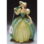 An Austrian earthenware figure of a Crinoline Lady in green dress and bonnet, 25cm,