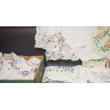 Textiles - hand embroidered linen tablecloths including English country garden flowers,