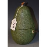 A faux Shagreen pear shaped tea caddy, bone shield shaped escutcheon, with key,