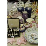 A set of three pottery flying pink Elephants; a cased set of EPNS Grapefruit spoons; teaware;