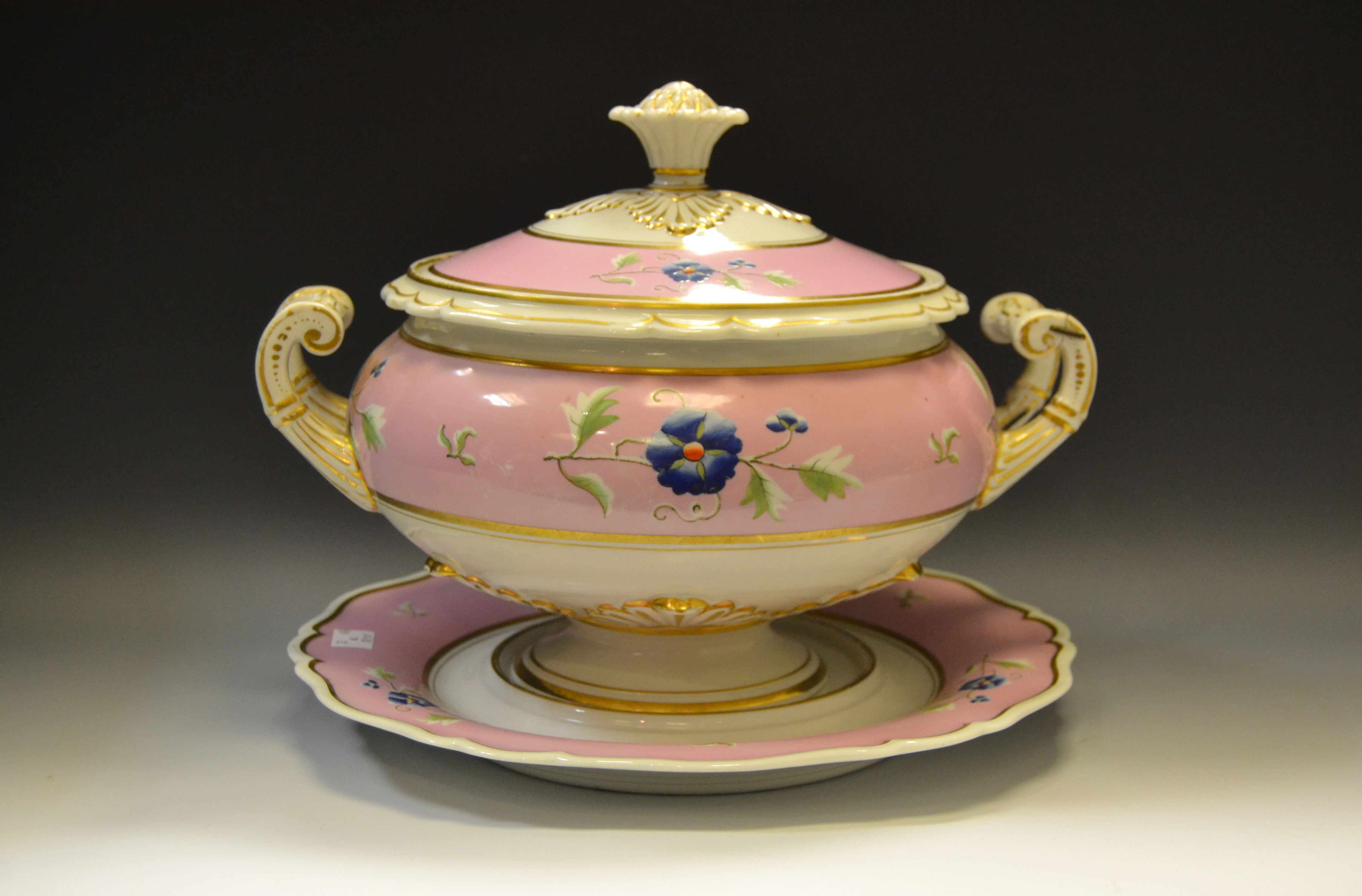 A Flight Barr and Barr Worcester tureen, cover and stand, painted with flowers on a pink ground,