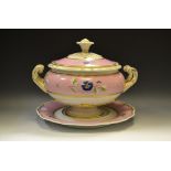 A Flight Barr and Barr Worcester tureen, cover and stand, painted with flowers on a pink ground,
