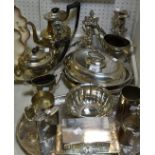 Silver plated ware - a A1 Sheffield plate tureen and cover; a plated serving tray; candelabra;