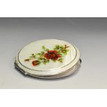 A silver compact floral painted guilloche enamel,