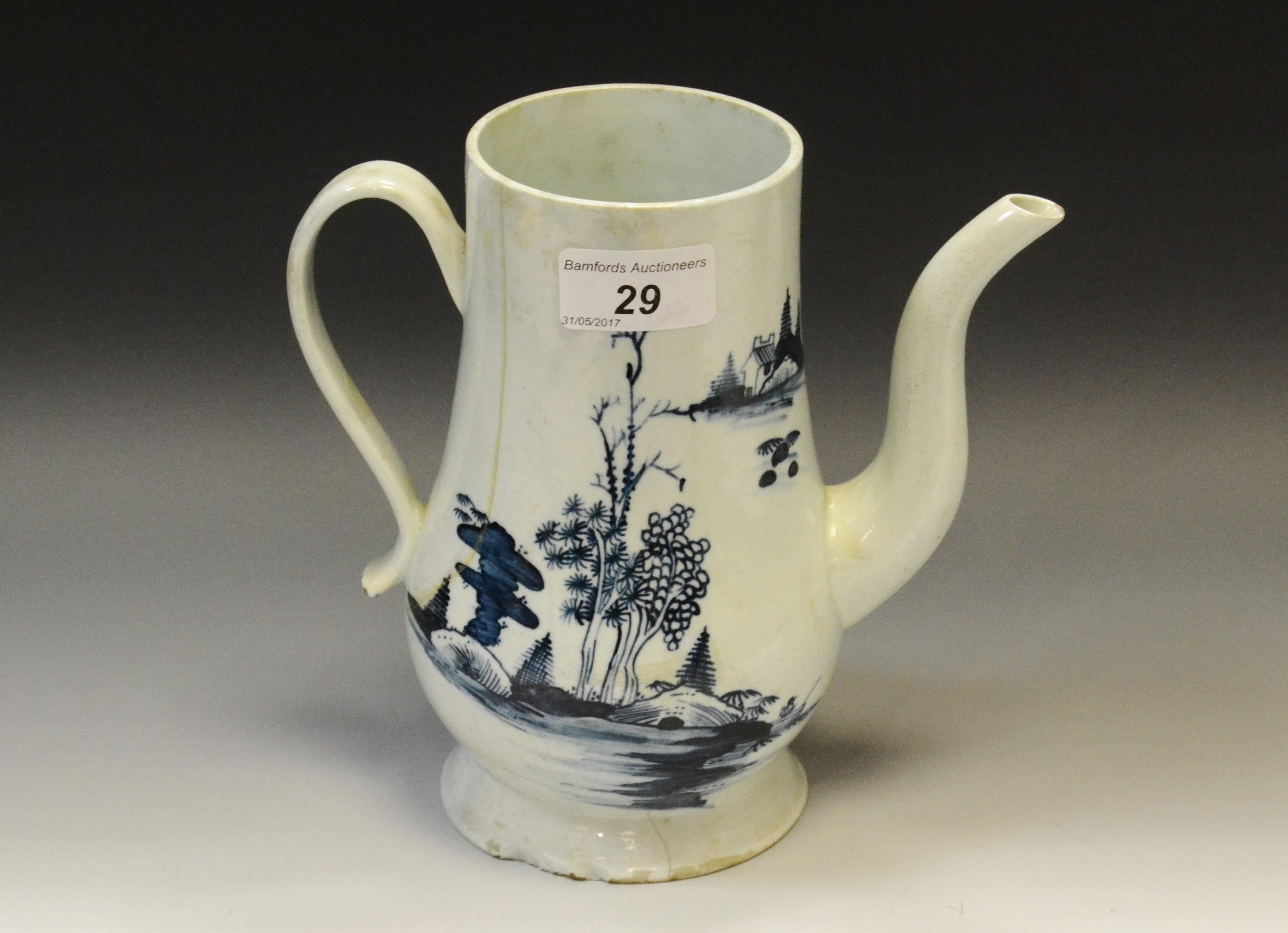 A Chaffers Liverpool pear shaped coffee pot, painted in underglaze blue with Chinese landscape,