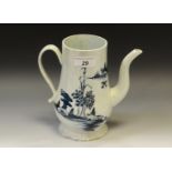 A Chaffers Liverpool pear shaped coffee pot, painted in underglaze blue with Chinese landscape,