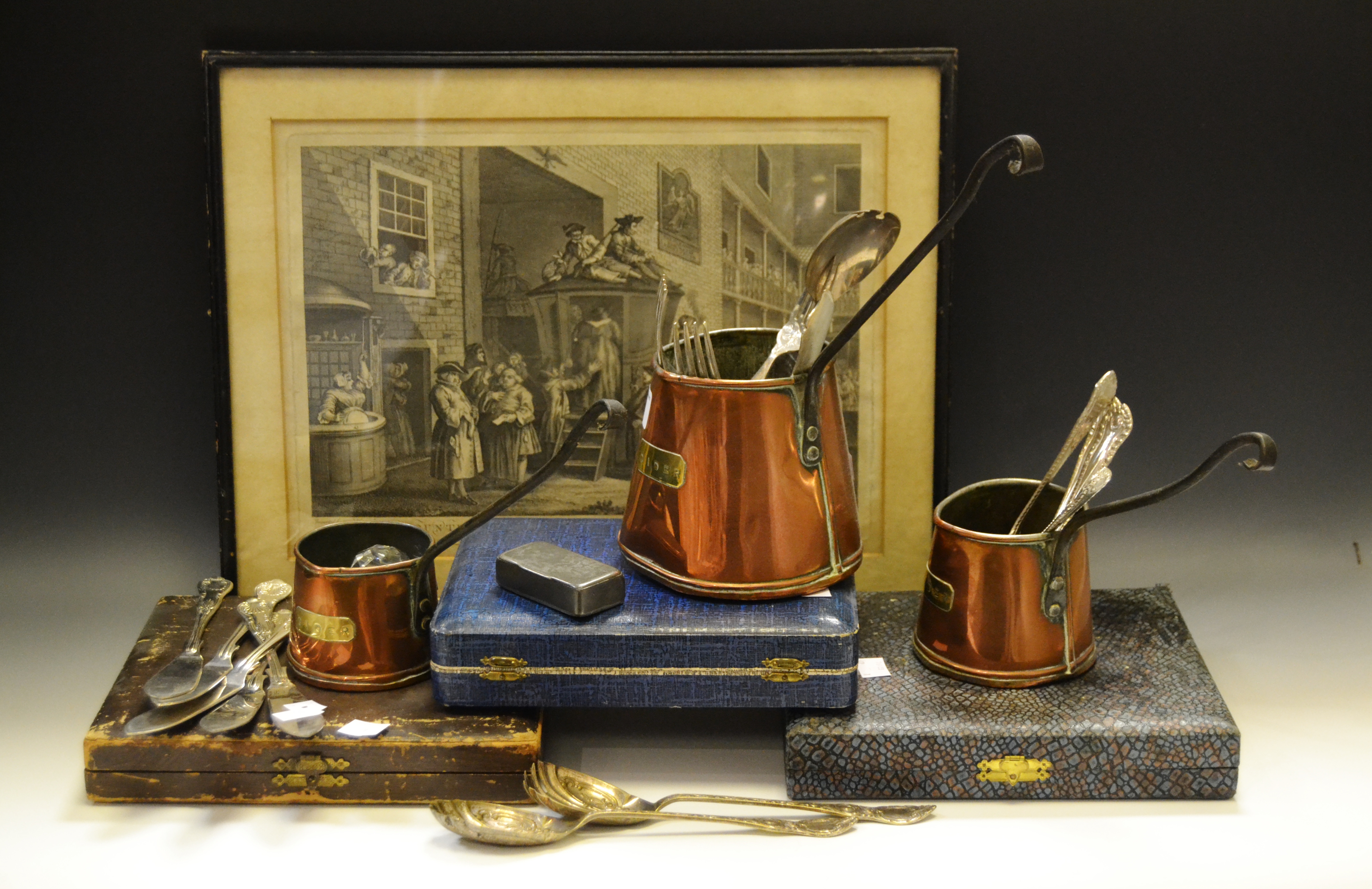 A graduated set of 19th Century copper cider measures; cased flat ware;