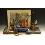 A graduated set of 19th Century copper cider measures; cased flat ware;