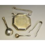 Silver - a silver octagonal pin dish London 1937, 101.8g; a silver caddy spoon 30g; sugar tongs 7.