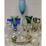 Glassware - an oversized blue glass goblet; a pair of green coloured glass vases;