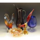 Coloured Glassware - a Murano glass Cockerel; a ruby glass jug; a blue oversized goblet; ;