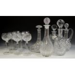 Glassware - a cut glass Ships decanter mushroom stopper; a cut glass claret jug;