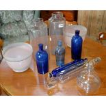 Glassware - a Victorian blue glass rolling pin; a fly trap; blue glass chemist bottles;