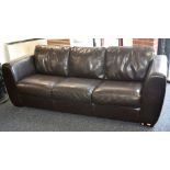 A contemporary three seater dark brown leather sofa