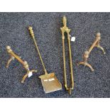 A pair of Victorian brass fire dogs; brass fire irons,