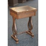 A Victorian rosewood workbox, hinged pivoting top, single drawer to frieze,