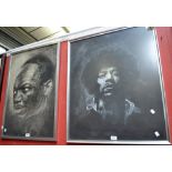 Pictures and Prints - Portrait of Jimi Hendrix, chalk on board, 73cm x 60cm, framed; another,