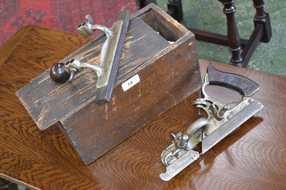 A Stanley No45 combination plow plane with 18 profiled blades ensuite,