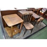 An oak barley twist table; an Art Deco style tea trolley; an elm country kitchen chair;