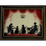 English School, a reverse silhouette on glass, of a family in their drawing room,