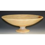 A large Derbyshire alabaster circular bowl, turned socle, spreading circular base, 40cm diam, 14.