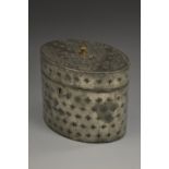 An unusual George III pewter oval tea caddy, hinged cover,