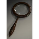 A 19th century mahogany gallery or connoisseur's glass, 13cm diam circular lens,