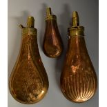 A 19th century copper Battie Patent copper shot flask, tear-shaped reservoir cast with fluting,