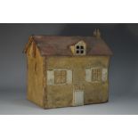 A 19th century folk art tin money box, as a house, 15cm wide, c.