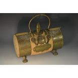 An unusual Spanish brass and cork cylindrical water canteen, swing handles,