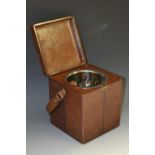 A leather bound travelling picnic ice bucket, hinged cover enclosing a stainless steel recepticle,