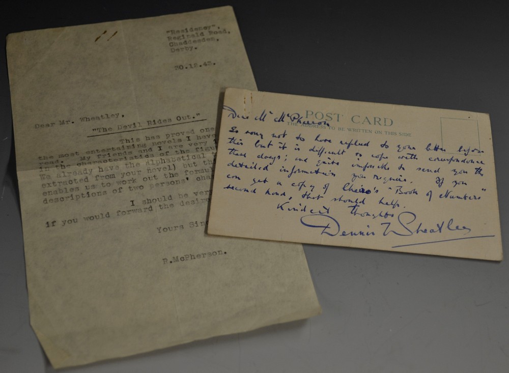 Dennis Wheatley - a hand written postcard, addressed to Mrs McPherson,
