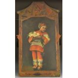 An early 20th century American folk art painted panel, of a young girl in Native costume,