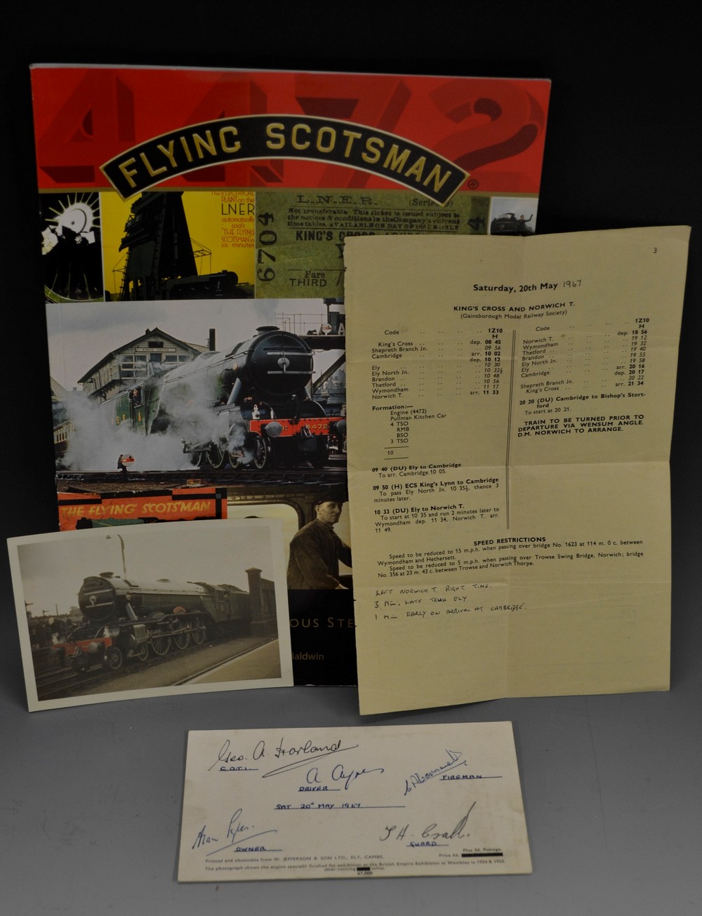 Railwayana - The Flying Scotsman - a b/w photographic postcard, signed in MS by the owner, driver,
