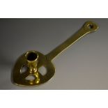 An unusual Scottish brass pan-handled chamber stick, slender campana sconce,