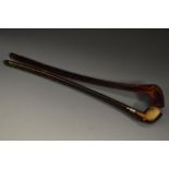 A 19th century church warden pipe, Meerschaum bowl, horn stem, silver-coloured metal ferule,