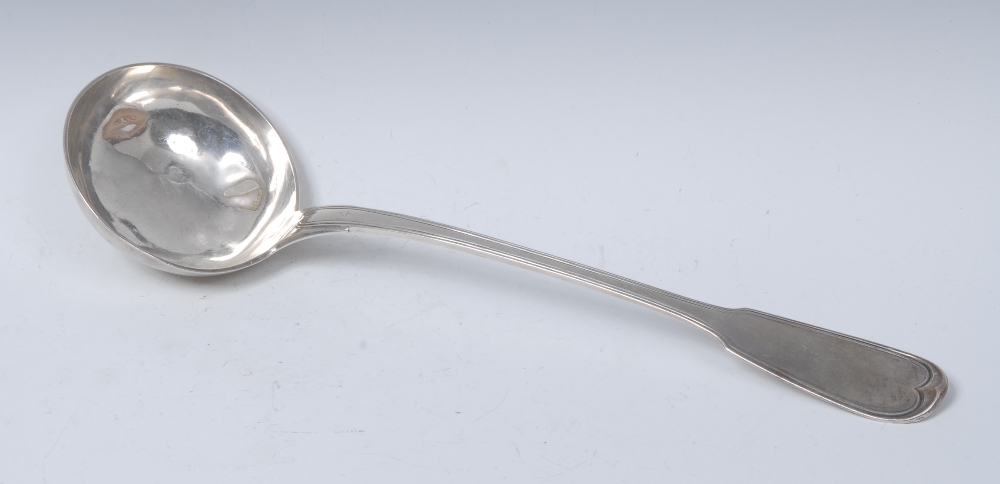 A 19th century French silver Fiddle pattern soup ladle, 36cm long, c.