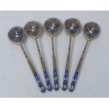 A set of five Russian silver-gilt and niello spoons, each brightly decorated in polychrome enamels,