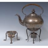 A George III silver plated tea kettle on stand, of ovoid form, domed cover, wicker loop handle,